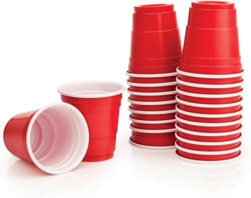 Image of Tickles Beer Pong Glasses & Shot Glasses with Ball | Easy Grip Reusable Drinking Party Cups for Iced Tea, Cocktail, Couple, Ladies Games (12 Beer Pong 475 ml and 12 Shot Glasses 60 ml; Color: Red)