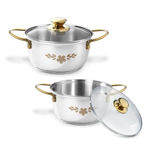 Image of Wonderchef Gold Stanton 2 Pc Casserole Set with Glass Lids, 20 cm /22 cm, Chemical-Free Food-Grade Stainless-Steel, Gold Finish, Use for Cooking & Serving, Stackable, Gift for Occasions, 1-Yr Warranty