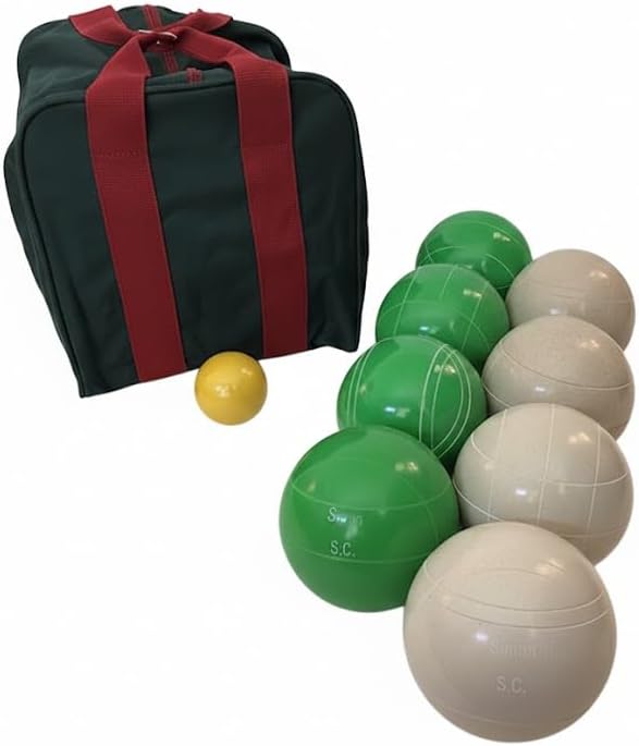 BuyBocceBalls Listing - Made in USA, Premium Quality Engraved Tournament Bocce Set - 110mm Green and White Balls, Nylon Bag, 998 Grams (2 lbs. 3.2 oz.). Various Bag Colors