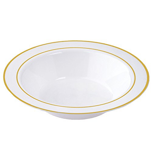 Balsa Circle 30 pcs 12 oz White with Gold Trim Plastic Round Bowls - Disposable Wedding Party Catering Tableware