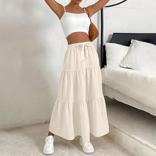Linen Maxi Skirts for Women 2025 Bow High Waisted Aline Tiered Long Skirt Trendy Summer Vacation Boho Beach Skirt4