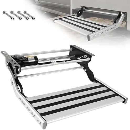 Folding RV Step - Aluminum Alloy Electric Step with Auto Retract, 19" Wide Non-Slip Pedal & 6W LED Light - Ideal for RVs & Campers, Durable Double Layer Design