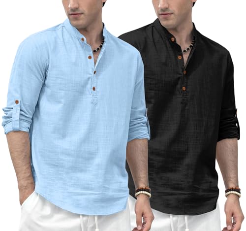 Image of Zombom Men's Combo Cotton Polyester Blend Solid Full Sleeve Straight Regular Fit Mandarin /Chinese Collor Kurta (Pack of 2)