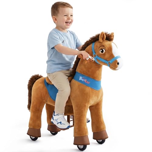 PonyCycle Schaukelpferd mit Rollen | für Kinder 34 Jahre 76cm | Braunes Plüsch Reitpferd mit Handbremse | Stehpferd Reitpony Kindergeburtstag | Basis Modell E E337