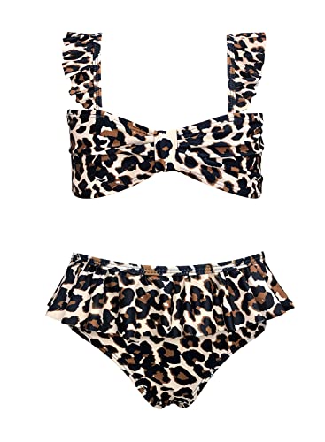 Shekini Girl Bathing Suit Flora Ruffle Bikini Cute Beach Sport Kid Swimwear 6-14 Years (Leopard, 10-12 Years) #TOP6