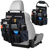 Front & Seat back organizer with dedicated tablet and laptop storage stabilizers external stabilizing side straps soft adjustable shoulder straps and hardened buckles (Black Seat Organizer)