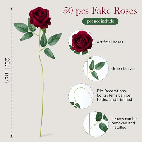 Image of INSPRING 50 PCS Burgundy Roses Artificial Flowers with Long Stems | Real Looking, Fake Roses, Silk Flowers, DIY Bouquet, Wedding Party Celebration Home Bridal Decoration Gift, for Her Wife