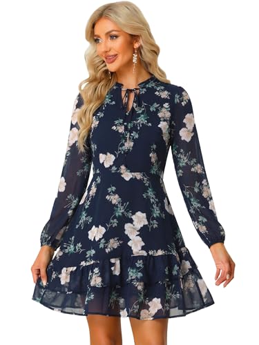 Image of Allegra K Women's Spring Dresses 2026 Tie V Neck Semi Sheer Long Sleeve Layered Tiered Chiffon Mini Floral Dress