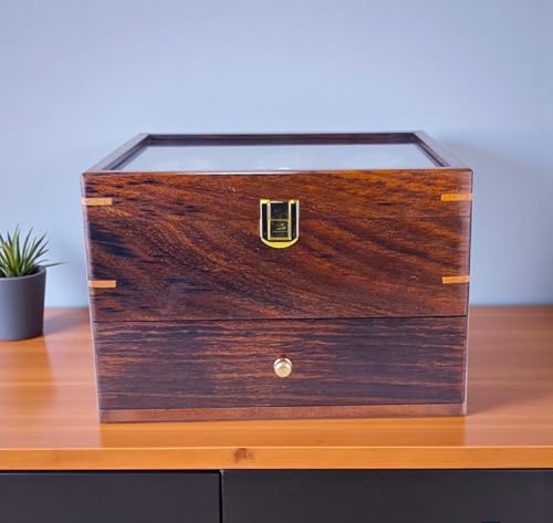 Image of Luxury Wooden Watch Display Box with Glass Top, 6-Slot Storage Case with Accessories Drawer, Dark Brown
