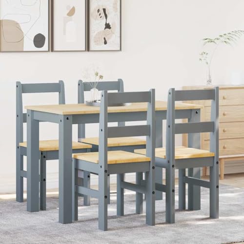 Homgoday Juego de Comedor Panama 5 pzas Madera Maciza de Pino Gris Conjunto Mesa y sillas de Comedor, sillas Comedor, Set Muebles de Cocina para el Hogar, la Oficina y el Café Longitud117 cm