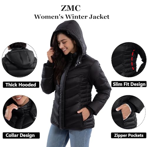 ZMC Thicken Women's Winter Puffer Coat, Warm Hooded Short Puffy Packable Jacket4