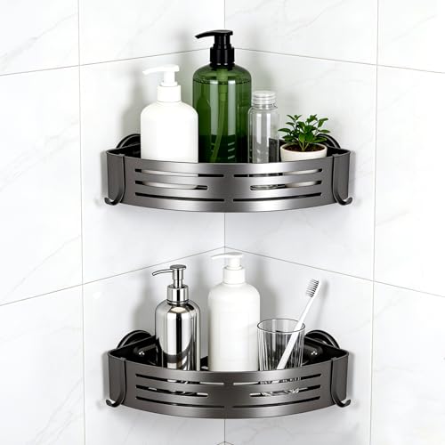 Veinvifiy 2 Tiers Corner Shower Caddy with Suction Cup 2 Pack Corner Shower Shelves Aluminum Upgraded Shower Organizer Removable Bathroom Storage Rack Kitchen Wall Mounted Bathroom Caddies Grey