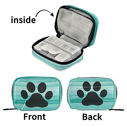 Image of Ollabaky Teal Turquoise Wooden Striped Pill Case, Weekly Portable Dog Paw Pill Bag Container 7 Days Pill Box Organizer Vitamin Supplement Holder with Zipper for Travel Family Busines
