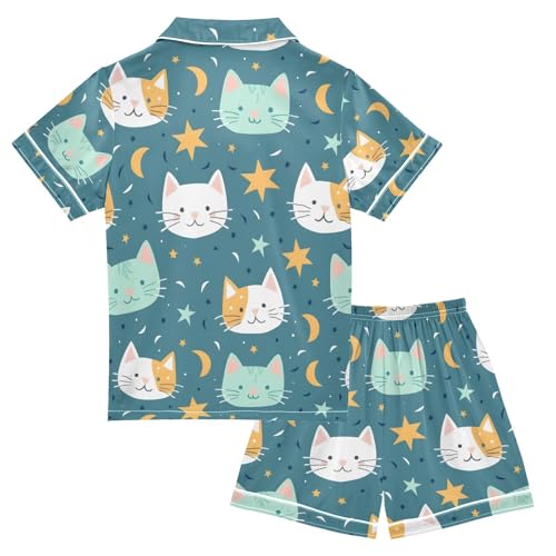 ALAZA Cute Cat Star Moon Pajamas Satin Pajama Set Short Sleeve Button Down Sleepwear2
