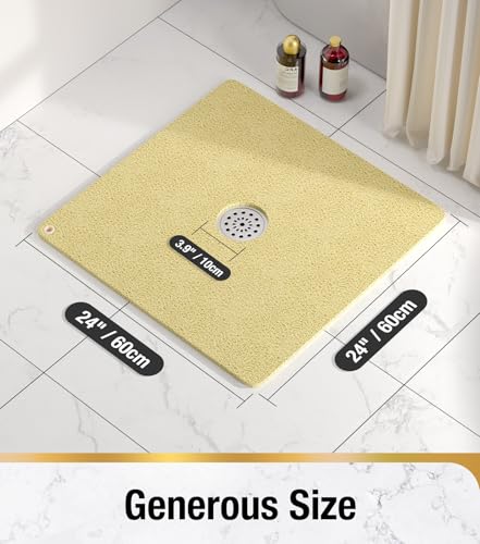 Image of HITSLAM Square Loofah Shower Mat, 24x24 Inch Non Slip Bath Mat, Beige