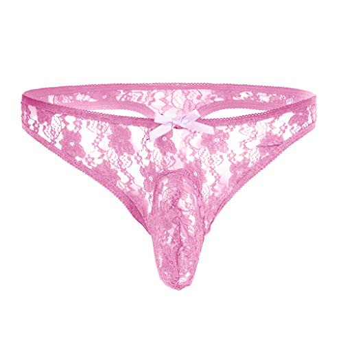 Letdown(TM) Men Lingerie Floral Lace Semi See-Through Bikini Briefs Solid Color T-Back Underwear Mens Sexy Fashion 2020 Pink
