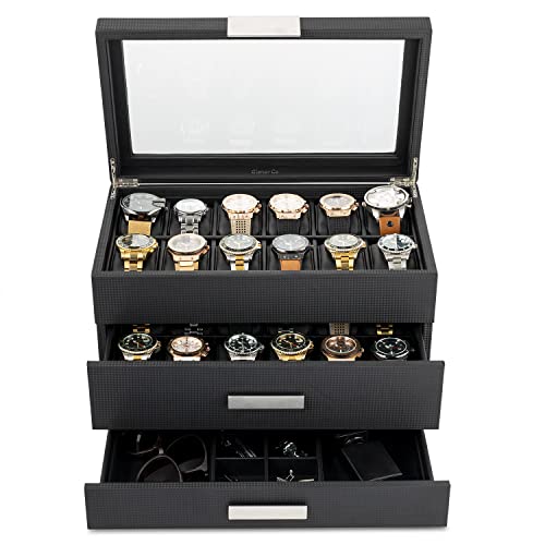 Glenor Co Watch Box With Valet Drawer For Men - 24 Slot Luxury Watch Case Display Organizer, Carbon Fiber Design - Metal Buckle For Mens Jewelry Watches, Men's Storage Boxes Holder Has Large Glass Top #TOP3