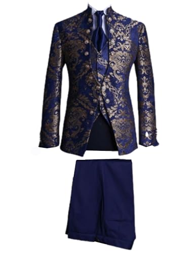 Men's 3-Piece Stand Collar Suit Jacquard Jacket Vest with Pants Tuxedos Formal Party Prom