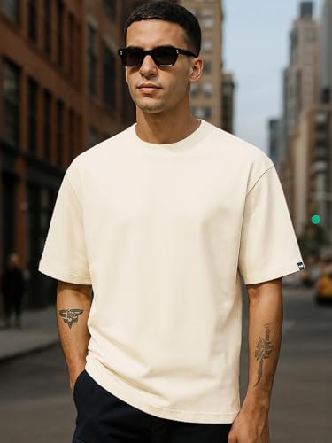 Image of Bewakoof Men's Cotton Solid Super Loose Fit Half Sleeve Round Neck T-Shirt | Casual Wear | Street Wear | Oversized t Shirt for Men Cotton| Baggy