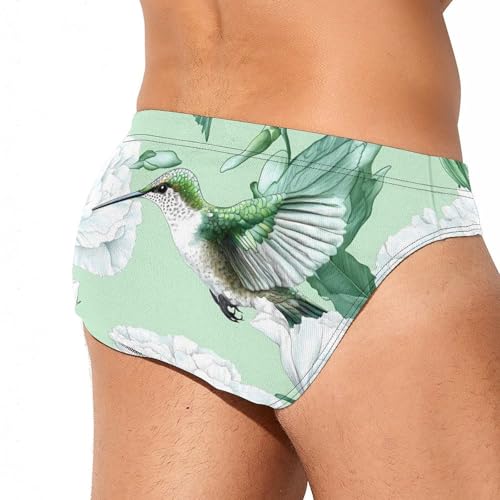 Hummingbird White Carnation Flowers Printed Swim Briefs for Men Sexy Bikini Swimwear Elastic Beach Trunks Bathing Suit4