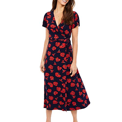 Vestido Boho de Manga Curta Feminino com Gola V PRETYZOOM Vestido de Praia Flor Casual para Festa de