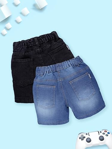 Image of KiddoPanti Boys Knee-Length Denim Shorts | Stretchable Cotton Poly Denim | Comfortable Fit with Button Elasticated Waistband & Zip Fly
