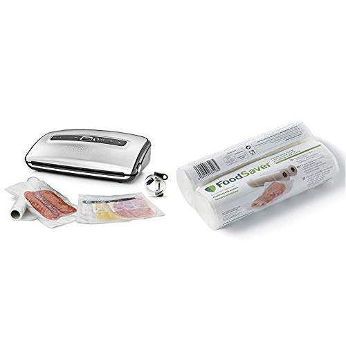 FoodSaver FFS016X Macchina per Sottovuoto Alimenti, 10 Sacchetti Pretagliati, 1 Rotolo da 3 m & Rotolo Termosigillabile per Macchina per Sottovuoto Alimenti 20 cm X 6.7 m, senza BPA, 2 Pezzi