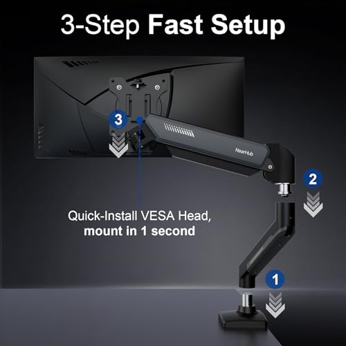 Image of NearHub Single Monitor Mount Arm for 13-32 inch Up 22 lbs Screens | VESA 75x75 /100x100 | Clamp /Grommet Base | Cable Management | Space Saving Desk Setup,180 Swivel, Tilt +90 to -45, 360Rotation