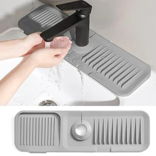 CUIDAKJ-37-x-14-cm-Alfombrilla-para-GrifoAtrapar-GotasTapete-Grifo-de-CocinaProtector-contra-SalpicadurasAlmohadilla-de-Secado-de-AguaTapete-Silicona-Fregadero-con-Drenaje-para-Encimeras-Gris