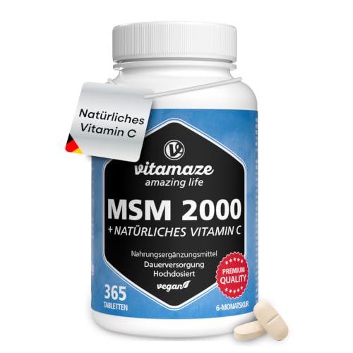 Vitamaze MSM 2000 mg + natürliches Vitamin C, 365 vegane Tabletten für 6 Monate, hochdosiert, 99,9% reines Methylsulfonylmethan, Nahrungsergänzung ohne Zusätze, Made in Germany