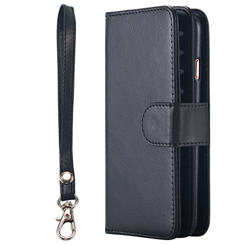 iPhone 8 Case,iPhone 7 Case, Pandawell PU Leather 9 Card Slot Wallet Folio Case with Detachable Magnetic Hard Case for Apple iPhone 8/iPhone 7 - Black