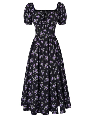 Scarlet Darkness Women's Floral Corset Dress with Split 2026 Summer Spring Square Neck Midi Milkmaid Dresses Black Purple Ditsy Floral M