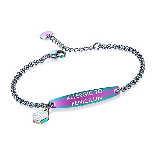 LinnaLove-Pre-engraved Simple Rolo chain Medical alert id bracelet for Women-Allergic to Penicillin-mixed color