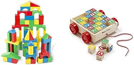 Melissa & Doug Wooden Building Set - 100 Blocks in 4 Colors and 9 Shapes and Classic ABC Wooden Block Cart Educational Toy with 30 1-Inch Solid Wood Blocks - ABC Wood Blocks for Toddlers Ages 2+