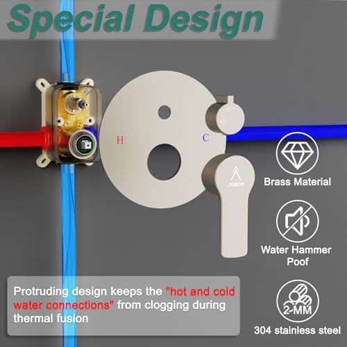 Shower Faucet Set 12IN Brass Rough-In Valve Body Trim Kit Rainfall Included Handle Accessories Complete 2 Functions with Rain Head and Handheld Bathroom Systems (12'', Brushed Nickel) - Image 6