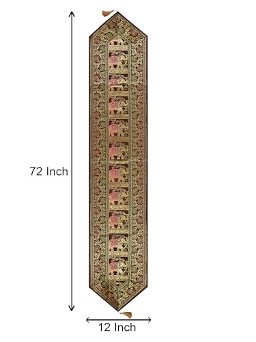 Image of Banarasi Brocade Zari Silk Table Runner Dinning & Centre Table Runner 177 By 30 CM (Brown, Elephant)