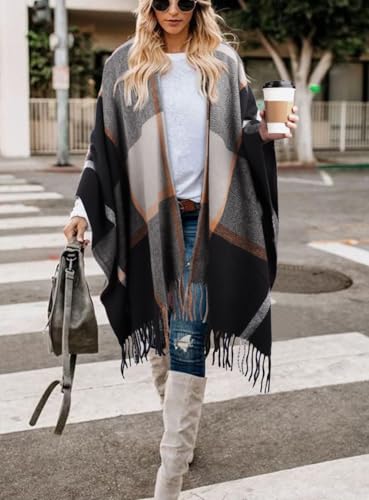 Image of Bestshe Women's Boho Open Front Poncho Plaid Shawl Wrap Cape | Tassel Cardigan Sweater, Cozy Layering, Fall Winter Clothes for Women
