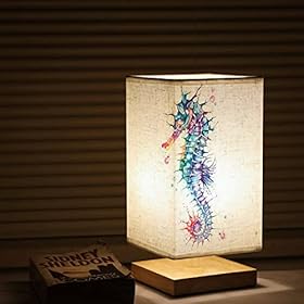 Bedside Table Lamp Seahorse Painted with Fantasy Style Watercolor The Image of sea Square Linen Fabric Lampshade Wooden… 41yn3ZaiBPS. SS280