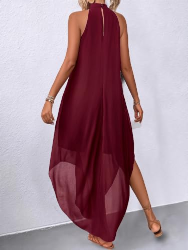 Image of Verdusa Women's Wedding Guest Dress Halter Flowy Chiffon Long Bouncy Dress | Cocktail Dress, Asymmetrical Dress for Women, Sleeveless, Prom Dress, Cruise Outfits, Boho