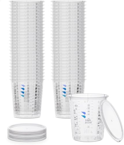 BenBow Profi-Messbecher 50x 385ml mit 6x Deckel - Mischbecher mit vielfältiger Skalierung für Harz, Epoxidharz & Lack – Becher mit Skala Lackmischbecher Meßbecher Lackbecher Einwegmischbecher