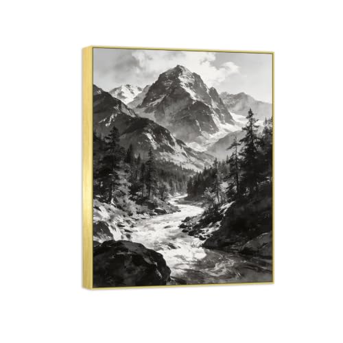 Tableau paysage noir et blanc arbre rivière grand format cadre doré pour chambre