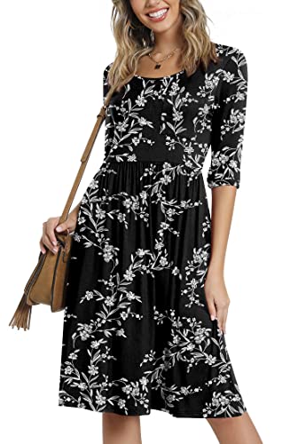 CATHY Women's 3/4 Sleeve 2025 Casual High Waist Round Neck Midi Dress with Pockets