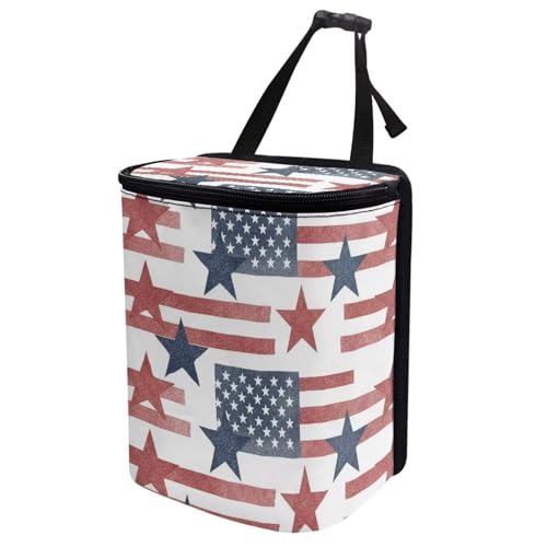 Image of Talayituse Star American Flag Print Car Trash Bin, Large Size Auto Trash Can Adjustable Portable Garbage Can with Lid, Vehicle Hanging Bag for Headrest Front Back Seat 4th of July Decor