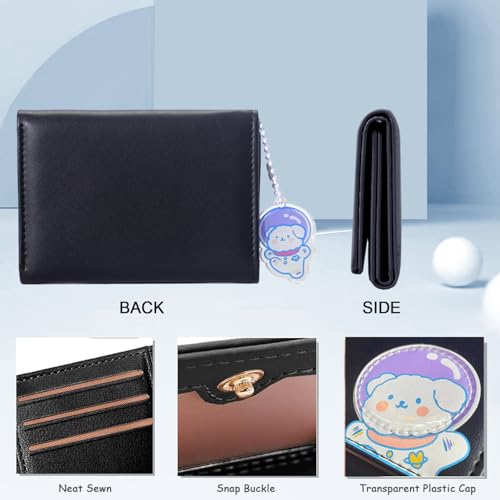 Girls Cute Astronaut Bear Bunny Print Tri-folded Wallet Small Wallet with Pendant Card Holder ID Window for Women(BLACK)3