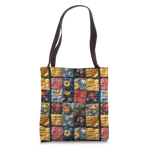 Bolso tote vintage de retazos con estampado floral y girasoles miniatura 1