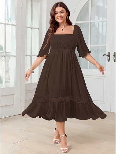 Image of SCOMCHIC Women's Plus Size Boho Maxi Dress Short Sleeve Square Neck Smocked Flowy A-Line Lace Trim Wedding Guest Dresses