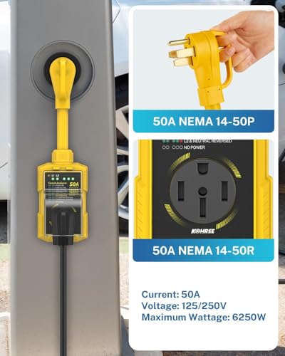 Image of Kohree RV Surge Protector 50 Amp, Power Surge Voltage Protection 14000J | RV Adapter Plug, Waterproof Cover, LED Circuit Analyzer, RV Camping Accessories for Camper Travel Trailers , 50A Yellow
