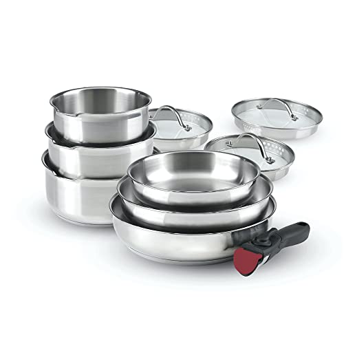 Qdesign - Batterie de Cuisine à Induction 10 Pièces - Set de 3 Casseroles, 3 Poêles et 3 Couvercles Passoires avec Poignée Amovible - Acier Inoxydable - Lot pour Tout Feu - Argenté