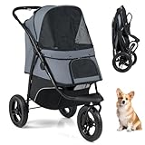 COSTWAY Hundewagen klappbar, Hundebuggy bis 25 kg, Katzenwagen 3 Rad, Haustierwagen mit verstellbarem Sonnendach, Netzfenster, Korb & Polster, Haustierbuggy für Katzen Hunde (Grau)