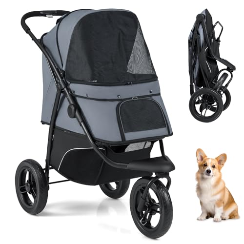 COSTWAY Passeggino a 3 Ruote per Cani Piccoli e Medi, Passeggino Pieghevole per Gatti con Freno a Pedale Singolo, Tenda Regolabile, Cestino, Cuscino e Guinzaglio di Sicurezza, Portata 25 Kg (Grigio)